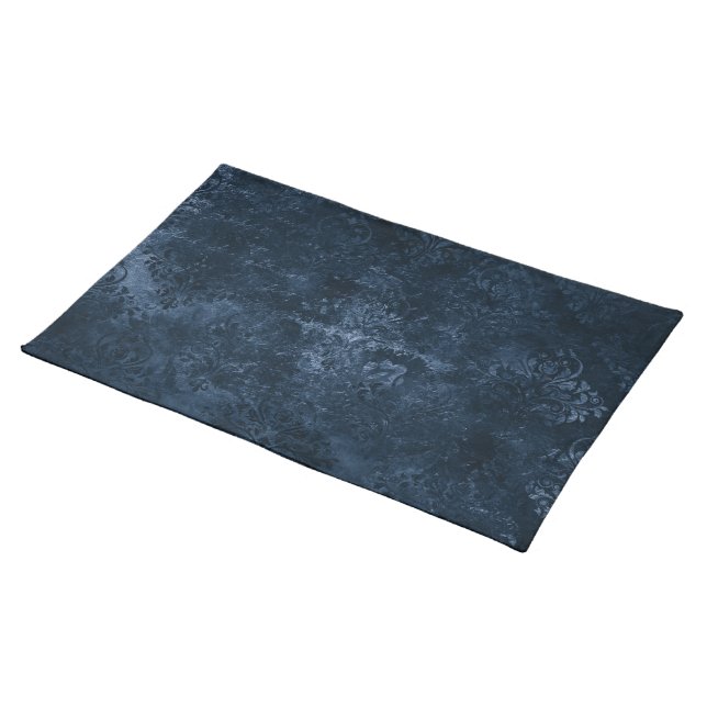 Velvety Navy Damask | Dark Blue Grunge Baroque Cloth Placemat (On Table)