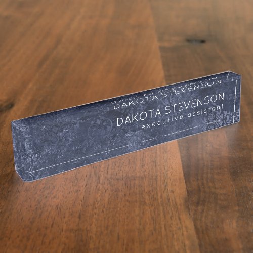 Velvety Navy Damask  Dark Blue Grunge Baroque Desk Name Plate