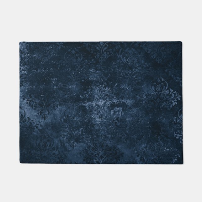 Velvety Navy Damask | Dark Blue Grunge Baroque Doormat (Front)