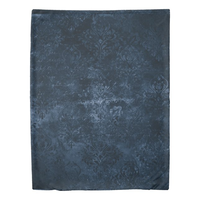 Velvety Navy Damask | Dark Blue Grunge Baroque Duvet Cover (Front)