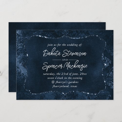 Velvety Navy Damask  Dark Blue Grunge Baroque Invitation