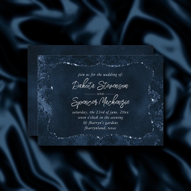 Velvety Navy Damask | Dark Blue Grunge Baroque Invitation (Creator Uploaded)