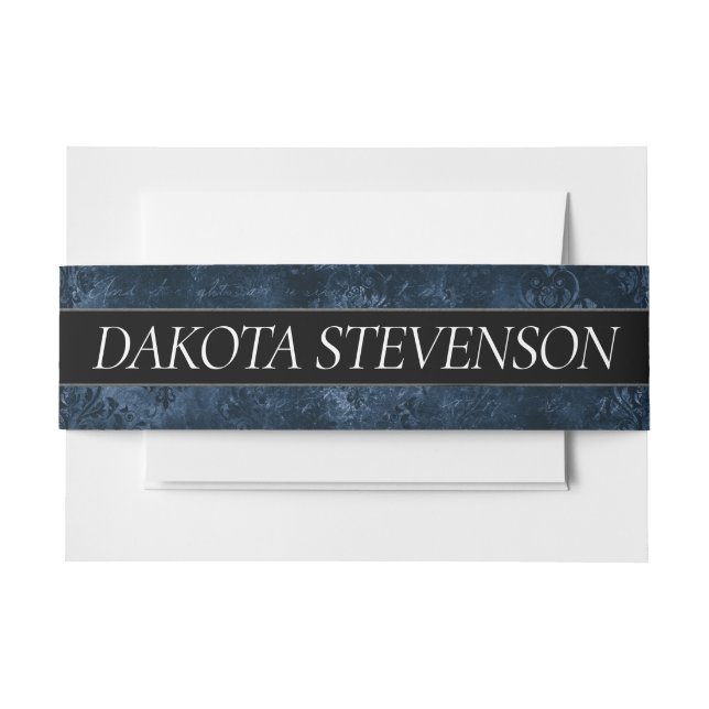 Velvety Navy Damask | Dark Blue Grunge Baroque Invitation Belly Band (Front Example)