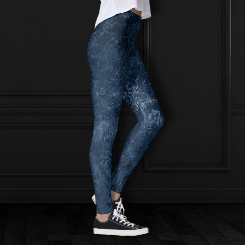 Velvety Navy Damask | Dark Blue Grunge Baroque Leggings