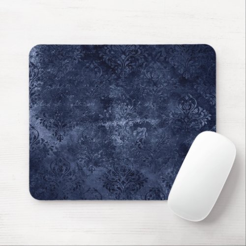 Velvety Navy Damask  Dark Blue Grunge Baroque Mouse Pad