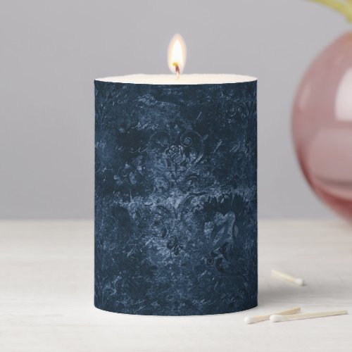 Velvety Navy Damask  Dark Blue Grunge Baroque Pillar Candle
