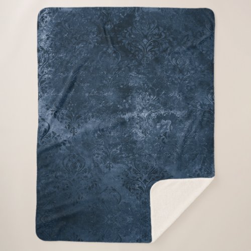Velvety Navy Damask  Dark Blue Grunge Baroque Sherpa Blanket