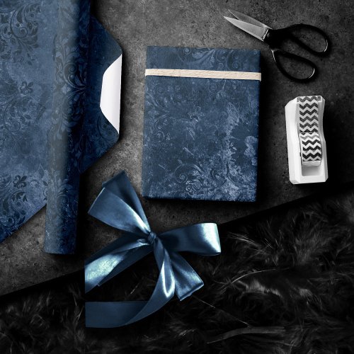 Velvety Navy Damask  Dark Blue Grunge Baroque Wrapping Paper