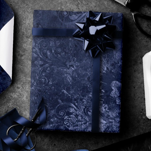 Velvety Navy Damask | Dark Blue Grunge Baroque Wrapping Paper