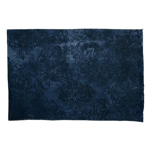 Velvety Navy Damask | Dark Blue Grunge Floral Pillow Case (Front)