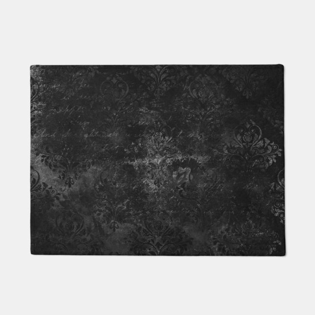 Velvety Onyx Damask | Black Vampy Grunge Baroque Doormat (Front)