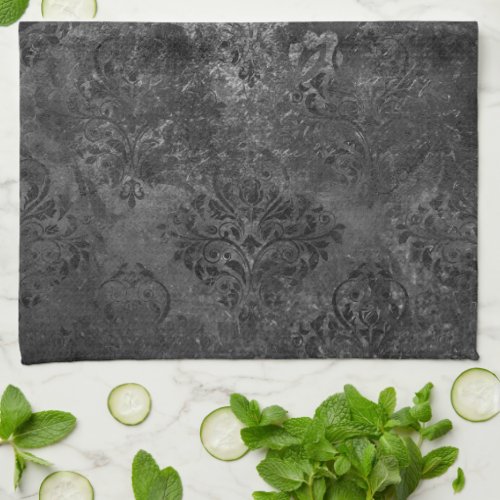 Velvety Onyx Damask  Black Vampy Grunge Baroque Kitchen Towel