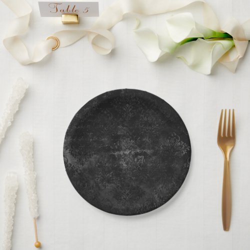 Velvety Onyx Damask  Black Vampy Grunge Baroque Paper Plates