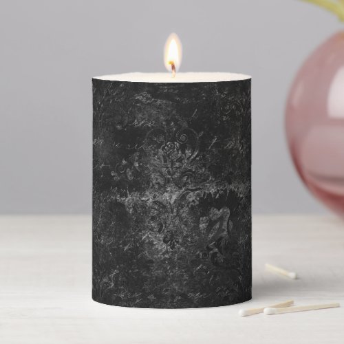 Velvety Onyx Damask  Black Vampy Grunge Baroque Pillar Candle