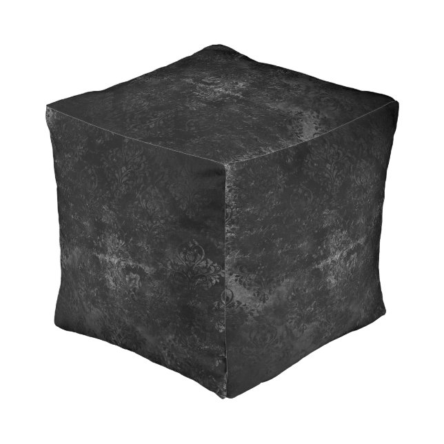 Velvety Onyx Damask | Black Vampy Grunge Baroque Pouf (Angled Back)