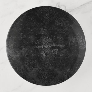 Velvety Onyx Damask Black Vampy Grunge Baroque Trinket Tray
