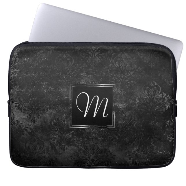 Velvety Onyx Damask | Black Vampy Grunge Custom Laptop Sleeve (Front)