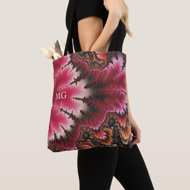 Velvety Rosy Floral Look Fractal Abstract Monogram Tote Bag (Close Up)