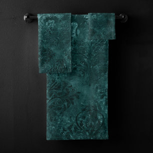 Velvety Teal Damask Dark Green Grunge Baroque Bath Towel Set