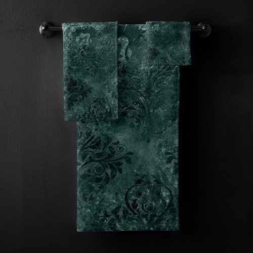 Velvety Teal Damask  Dark Green Grunge Baroque Bath Towel Set