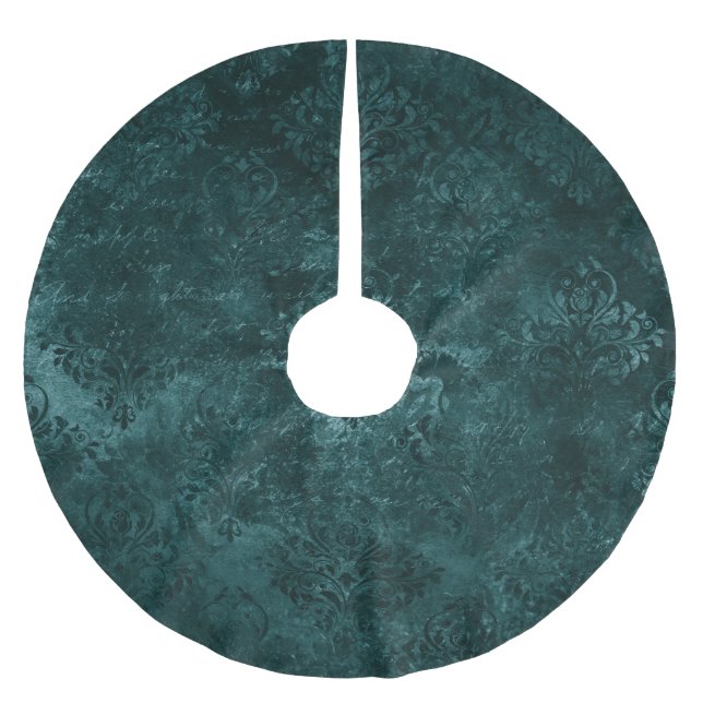 Velvety Teal Damask | Dark Green Grunge Baroque Brushed Polyester Tree Skirt (Front)