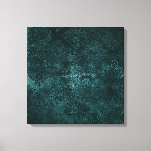 Velvety Teal Damask | Dark Green Grunge Baroque Canvas Print (Front)