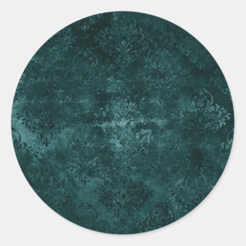 Velvety Teal Damask  Dark Green Grunge Baroque Classic Round Sticker