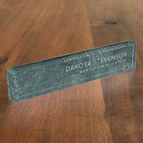 Velvety Teal Damask  Dark Green Grunge Baroque Desk Name Plate