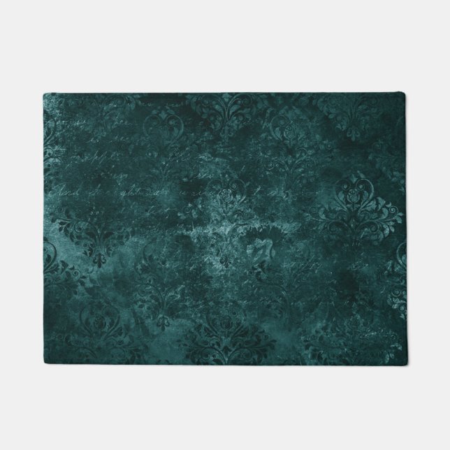 Velvety Teal Damask | Dark Green Grunge Baroque Doormat (Front)