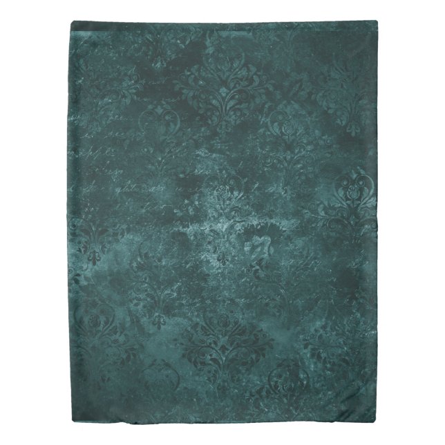 Velvety Teal Damask | Dark Green Grunge Baroque Duvet Cover (Front)