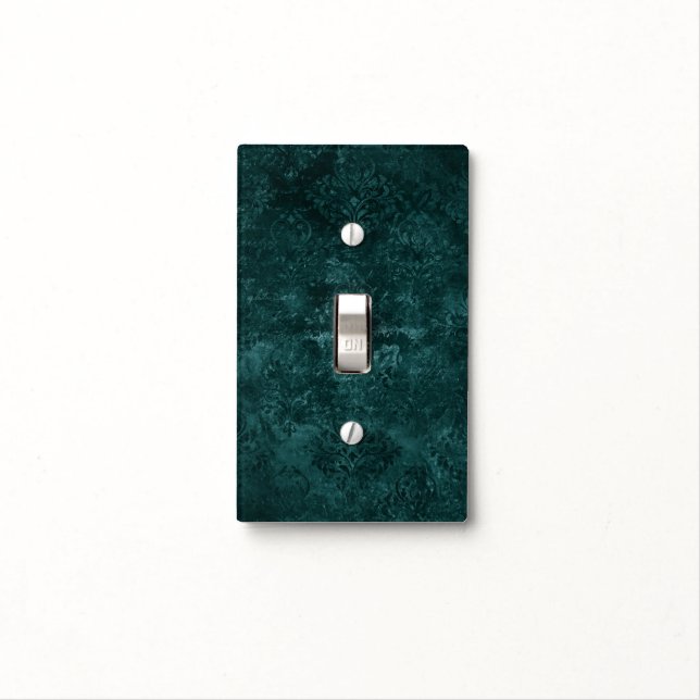 Velvety Teal Damask | Dark Green Grunge Baroque Light Switch Cover (In Situ)