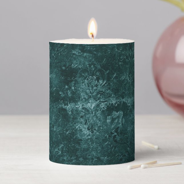 Velvety Teal Damask | Dark Green Grunge Baroque Pillar Candle (In Situ)