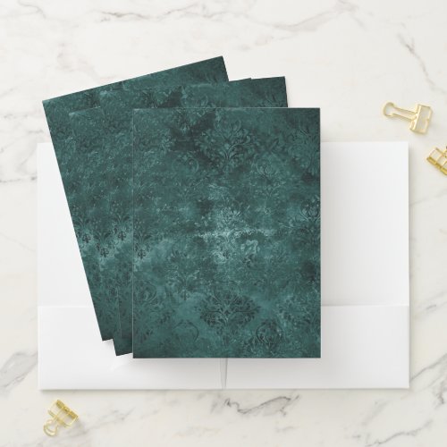 Velvety Teal Damask  Dark Green Grunge Baroque Pocket Folder