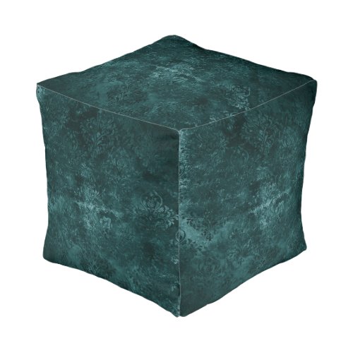 Velvety Teal Damask  Dark Green Grunge Baroque Pouf