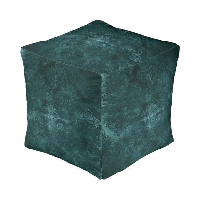 Velvety Teal Damask | Dark Green Grunge Baroque Pouf (Angled Front)