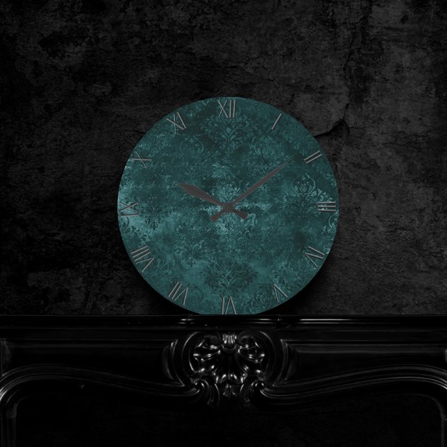 Velvety Teal Damask | Dark Green Grunge Baroque Round Clock (Creator Uploaded)