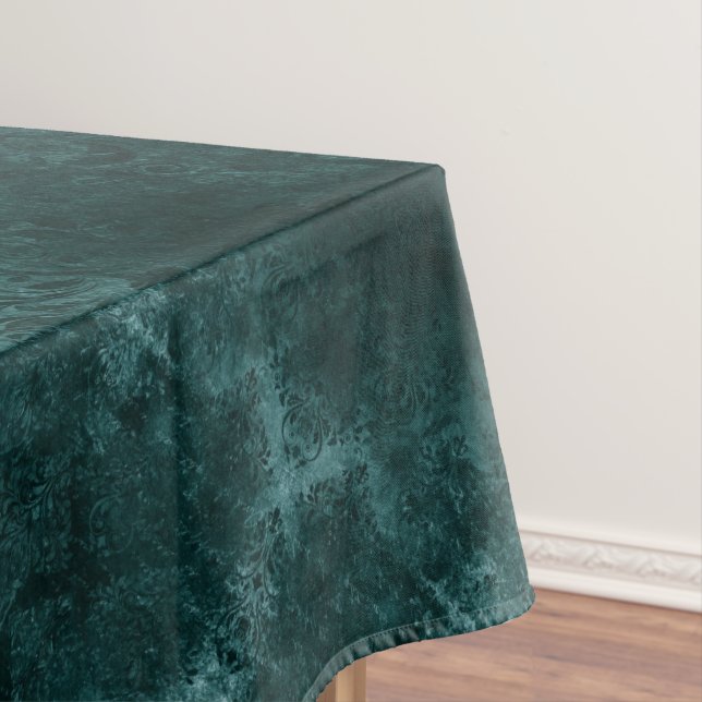 Velvety Teal Damask | Dark Green Grunge Baroque Tablecloth (In Situ)