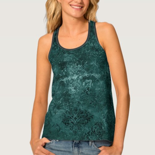 Velvety Teal Damask  Dark Green Grunge Baroque Tank Top