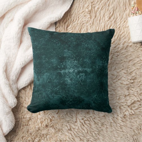 Velvety Teal Damask  Dark Green Grunge Baroque Throw Pillow