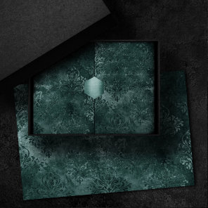 Velvety Teal Damask | Dark Green Grunge Baroque Tissue Paper