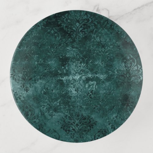 Velvety Teal Damask  Dark Green Grunge Baroque Trinket Tray