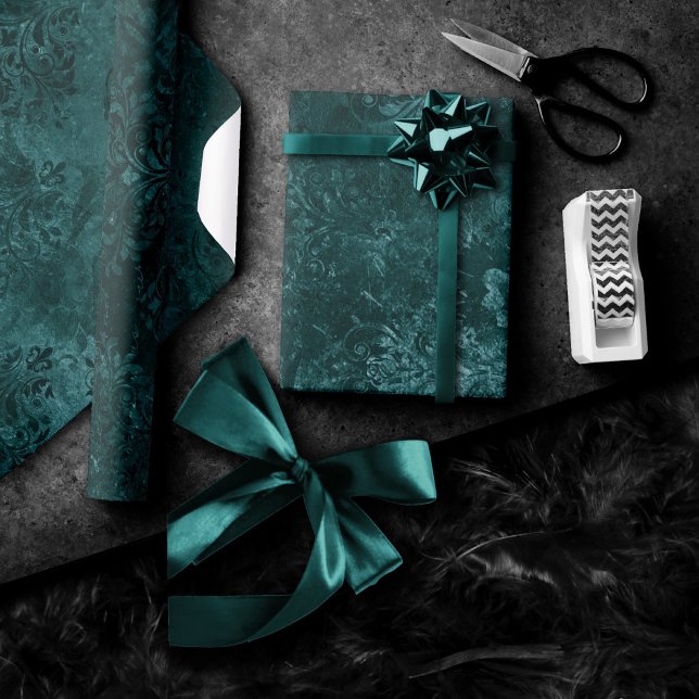Velvety Teal Damask | Dark Green Grunge Baroque Wrapping Paper (Creator Uploaded)