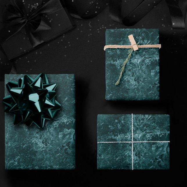 Velvety Teal Damask | Dark Green Grunge Baroque Wrapping Paper Sheets (Creator Uploaded)