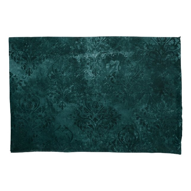 Velvety Teal Damask | Dark Green Grunge Floral Pillow Case (Front)