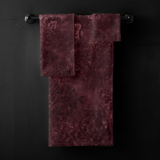 Velvety Wine Damask | Bordeaux Sangria Grunge Glam Bath Towel Set