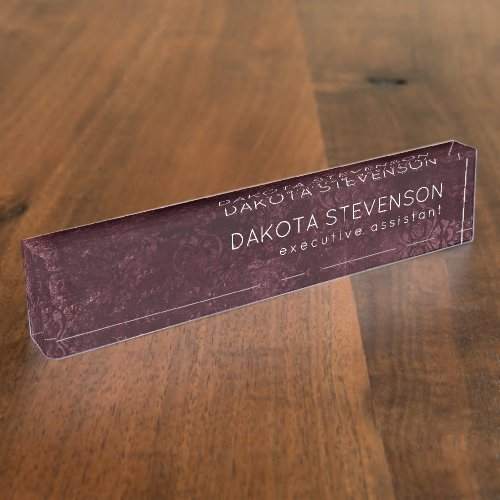 Velvety Wine Damask  Bordeaux Sangria Grunge Glam Desk Name Plate