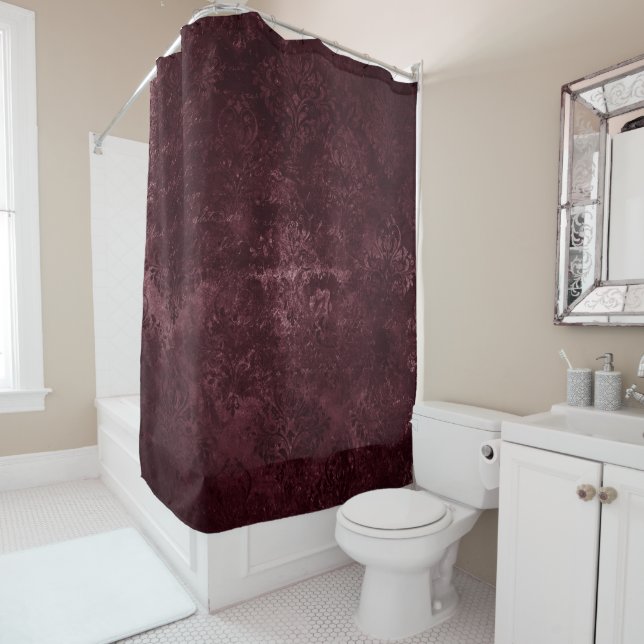 Velvety Wine Damask | Bordeaux Sangria Grunge Glam Shower Curtain (In Situ)