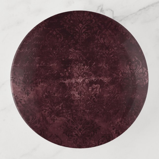 Velvety Wine Damask | Bordeaux Sangria Grunge Glam Trinket Tray (Front)