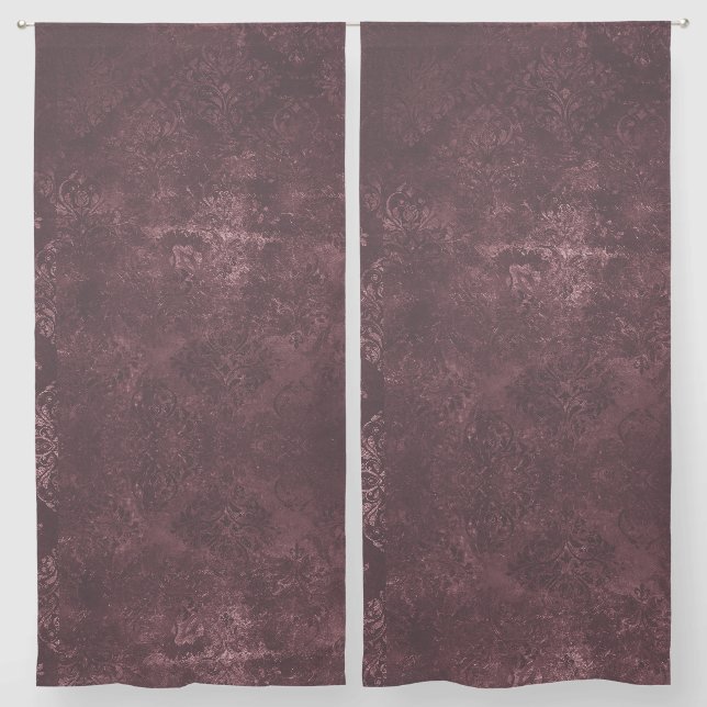 Velvety Wine Damask | Maroon Merlot Grunge Baroque Sheer Curtains (Pair)