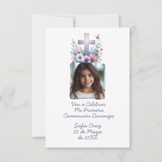 Ven A Celebrar Mi Primera Comunión con Foto Flores Thank You Card (Front)